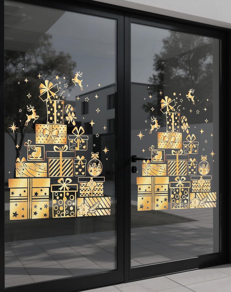 Nullyda Christmas Tree Window Clings for Glass, 19.69 * 15.75 Inch Large Golden Snowflake & Tree Decals, Removable Sticker for Glass Wall Mural Door Showcase DIY Christmas Decor - 2 Pack (Style B) - Image 1